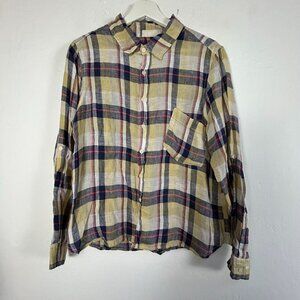 CP Shades Womens Plaid Button-Up Long Sleeve Linen Shirt Top Medium Yellow/Navy